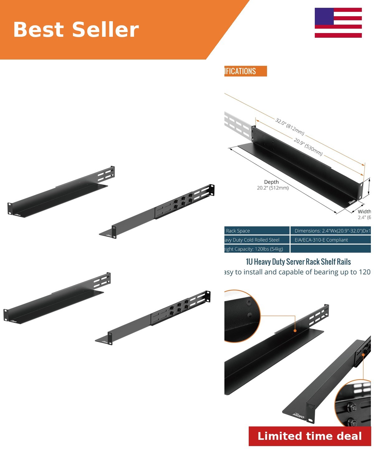 2 Pack 1U Universal Rack Mount Rails,4-Post Server Rack Shelf Rail with