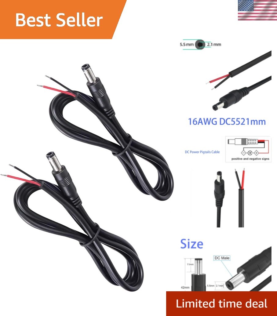 Durable 3FT DC Power Pigtail Cable, 16AWG, Ideal for LED & Security Systems