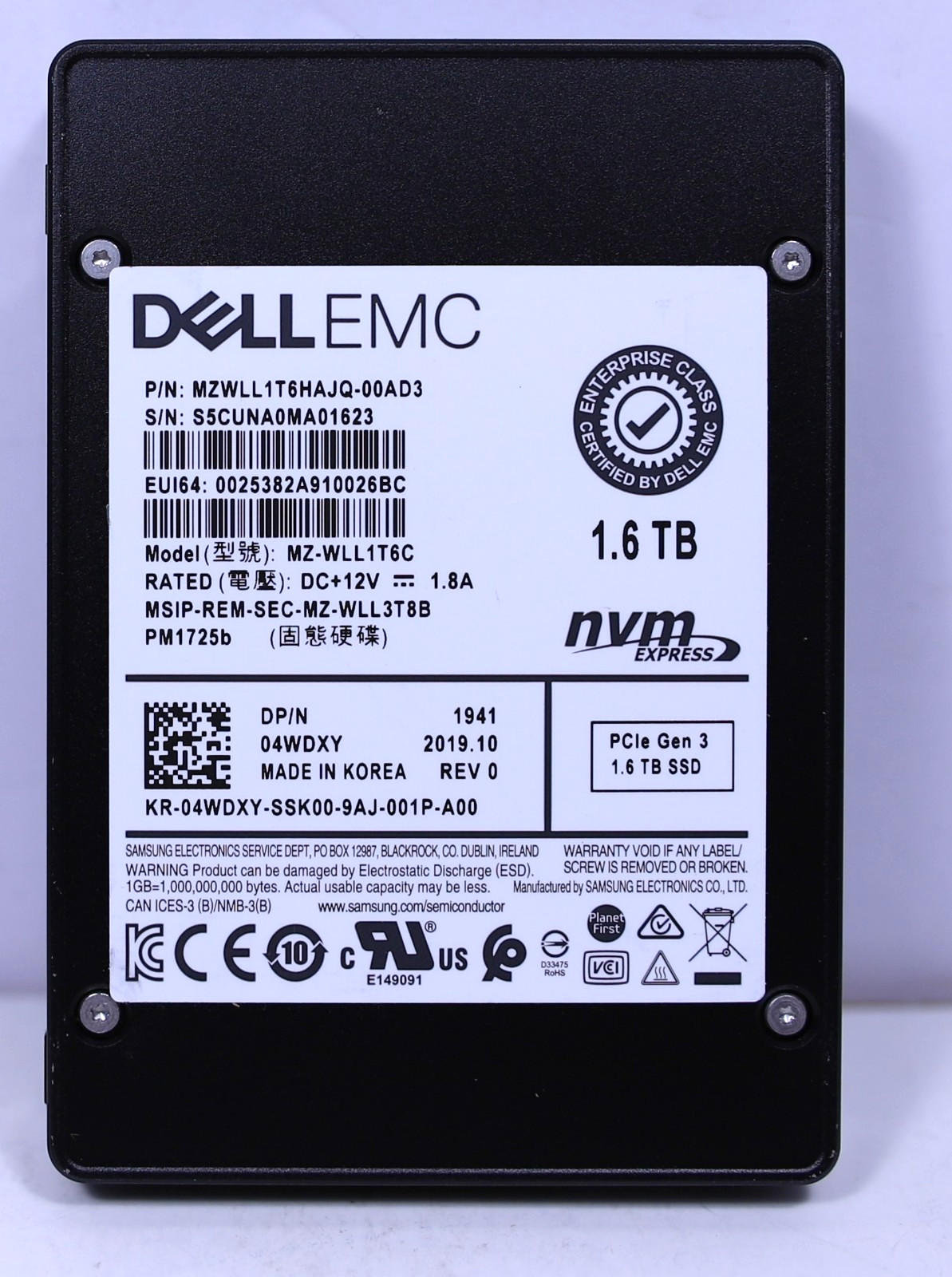 Dell Samsung PM1725b 1.6TB NVMe PCIe 2.5" U.2 SSD MZ-WLL1T6C 4WDXY MU