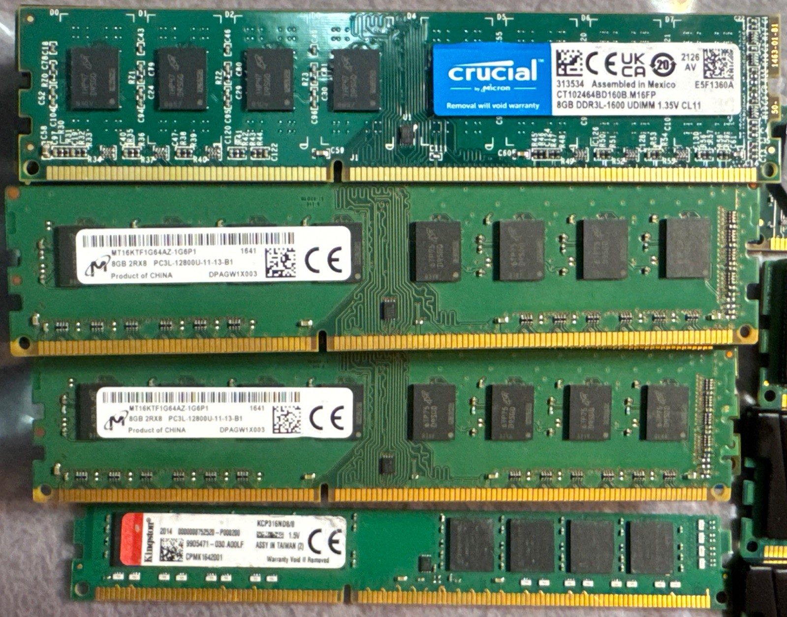 Lot of 31 Mixed MT16KTF1G64AZ-1G6P1 Micron 8GB 2Rx8 PC3L-12800U-11-13-B1 RAM
