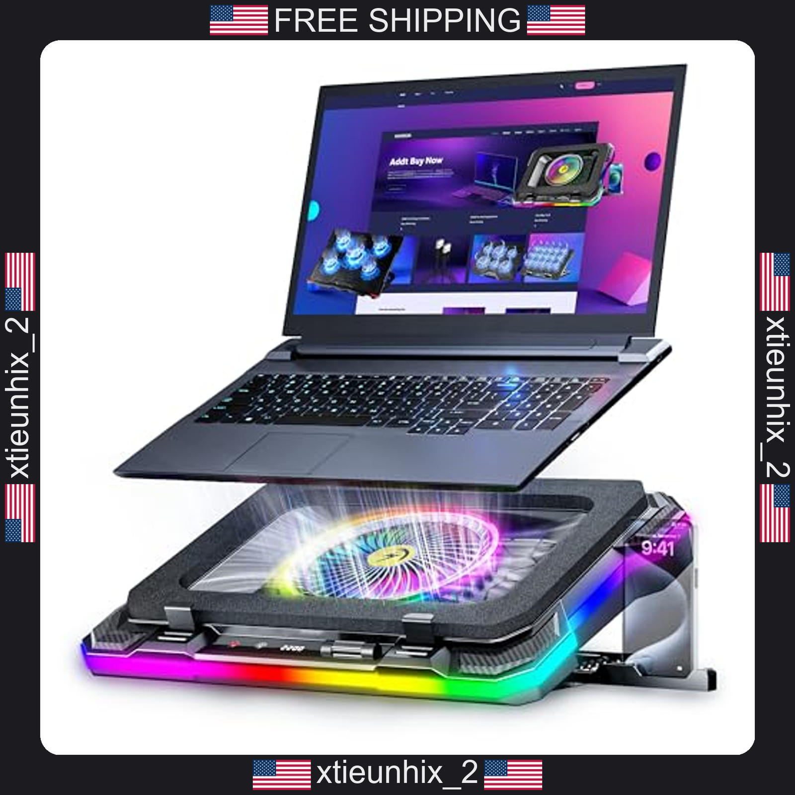 Laptop Cooling Stand with RGB Fan for 15-19 Inch Laptops, Adjustable Angles