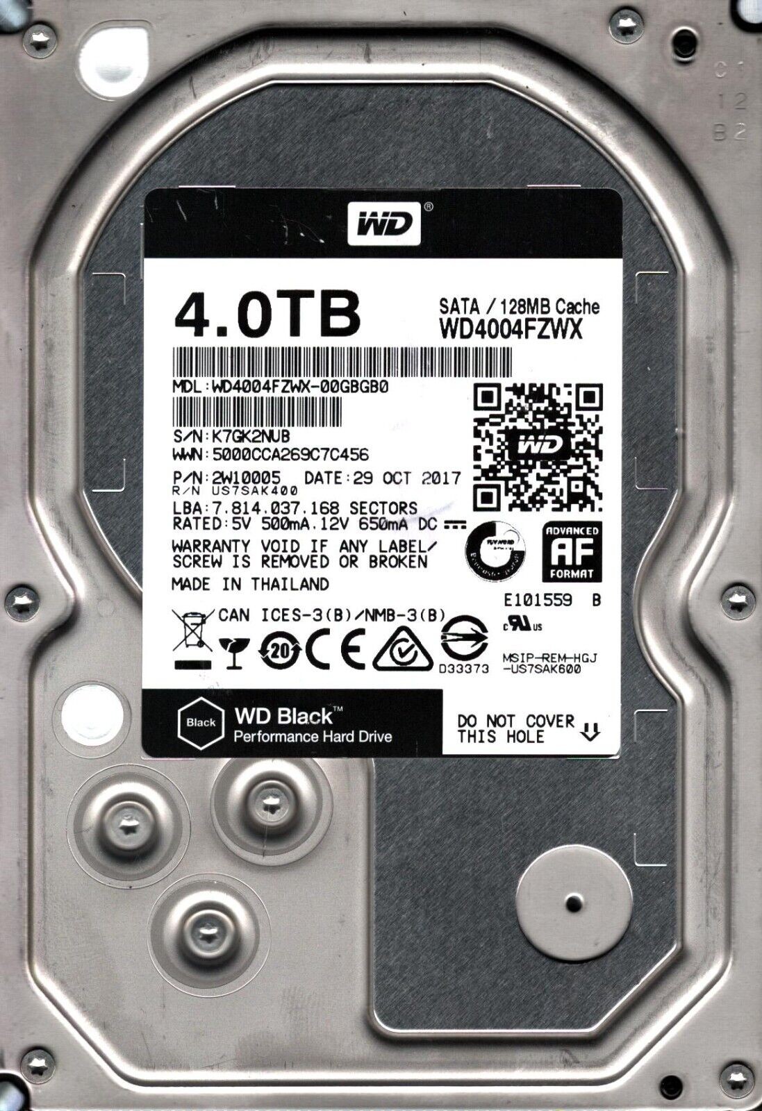 WD4004FZWX-00GBGB0 S/N: K7GK2 WESTERN DIGITAL 4TB THAILAND OCT 2017