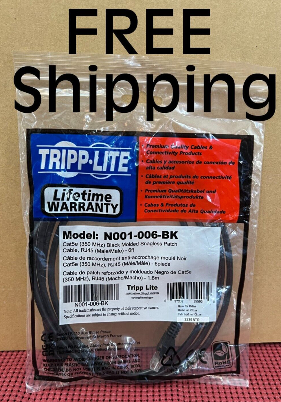 Tripp-Lite Cat5e (350MHz) Black Molded Snagless Patch Cable RJ45 6ft N001-006-BK