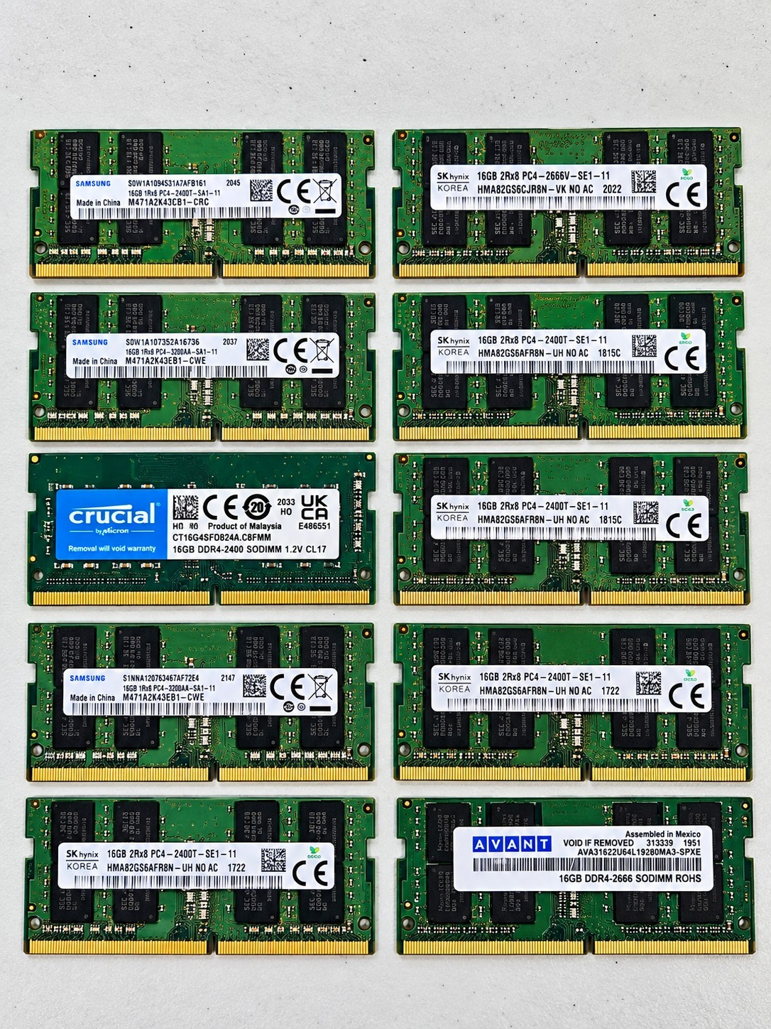 Lot of 10 16GB DDR4 Laptop RAM SO-DIMM Samsung SK Hynix Crucial Mixed Speeds