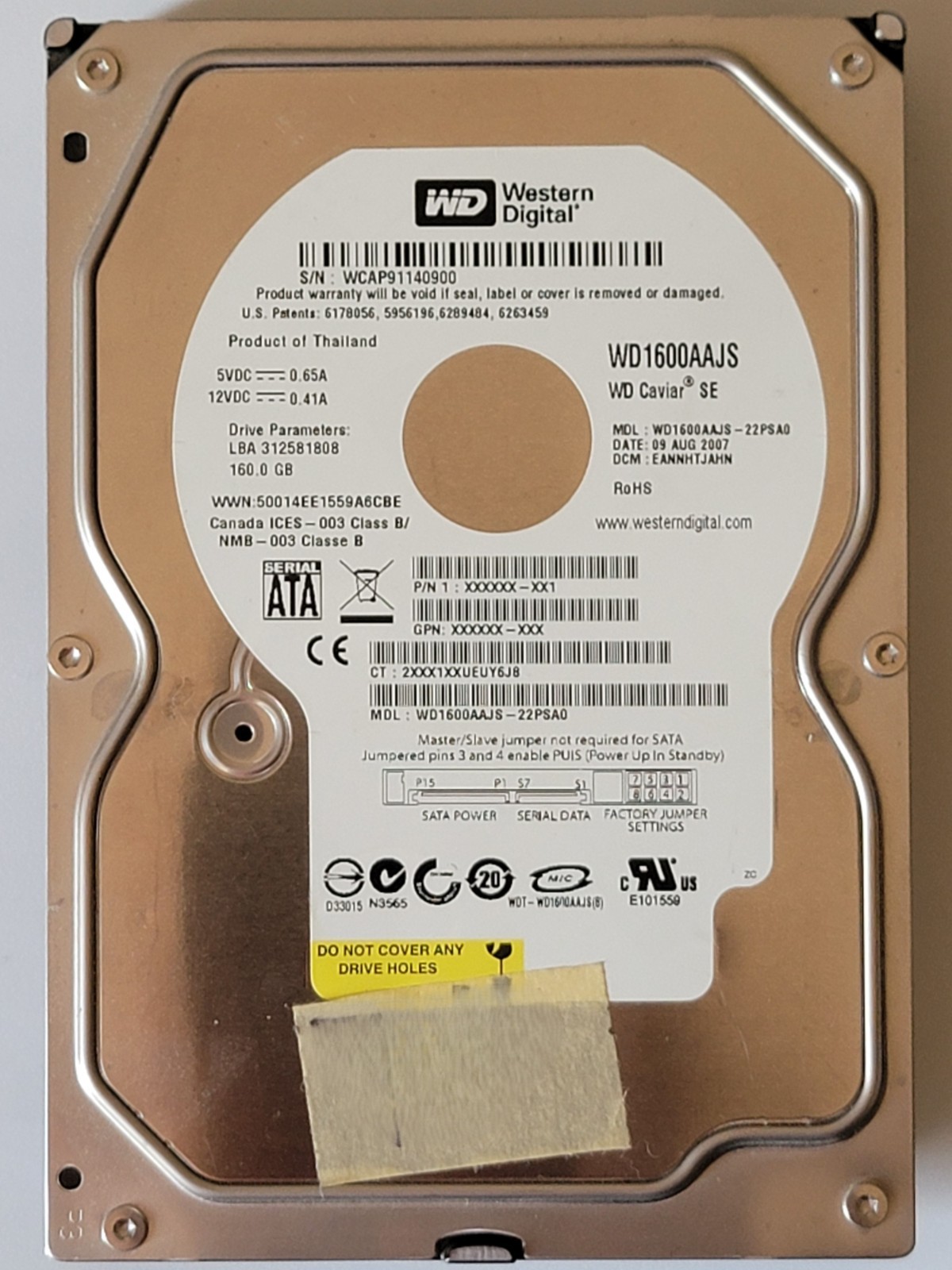 WD Caviar SE 3.5in SATA Hard Drive WD1600AAJS-22PSA0 AUG-2007