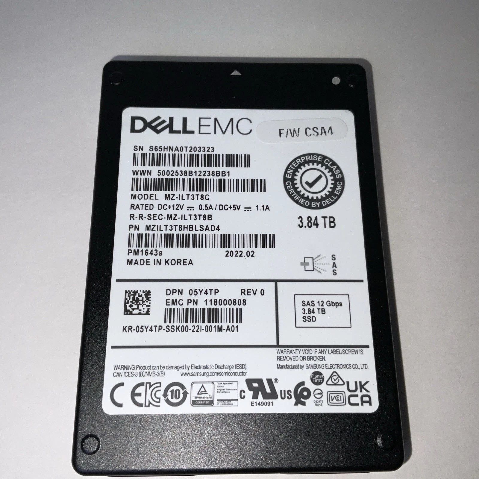 5Y4TP Dell EMC  3.84 TB SSD  MZ-ILT3T8C PM1643a 05Y4TP