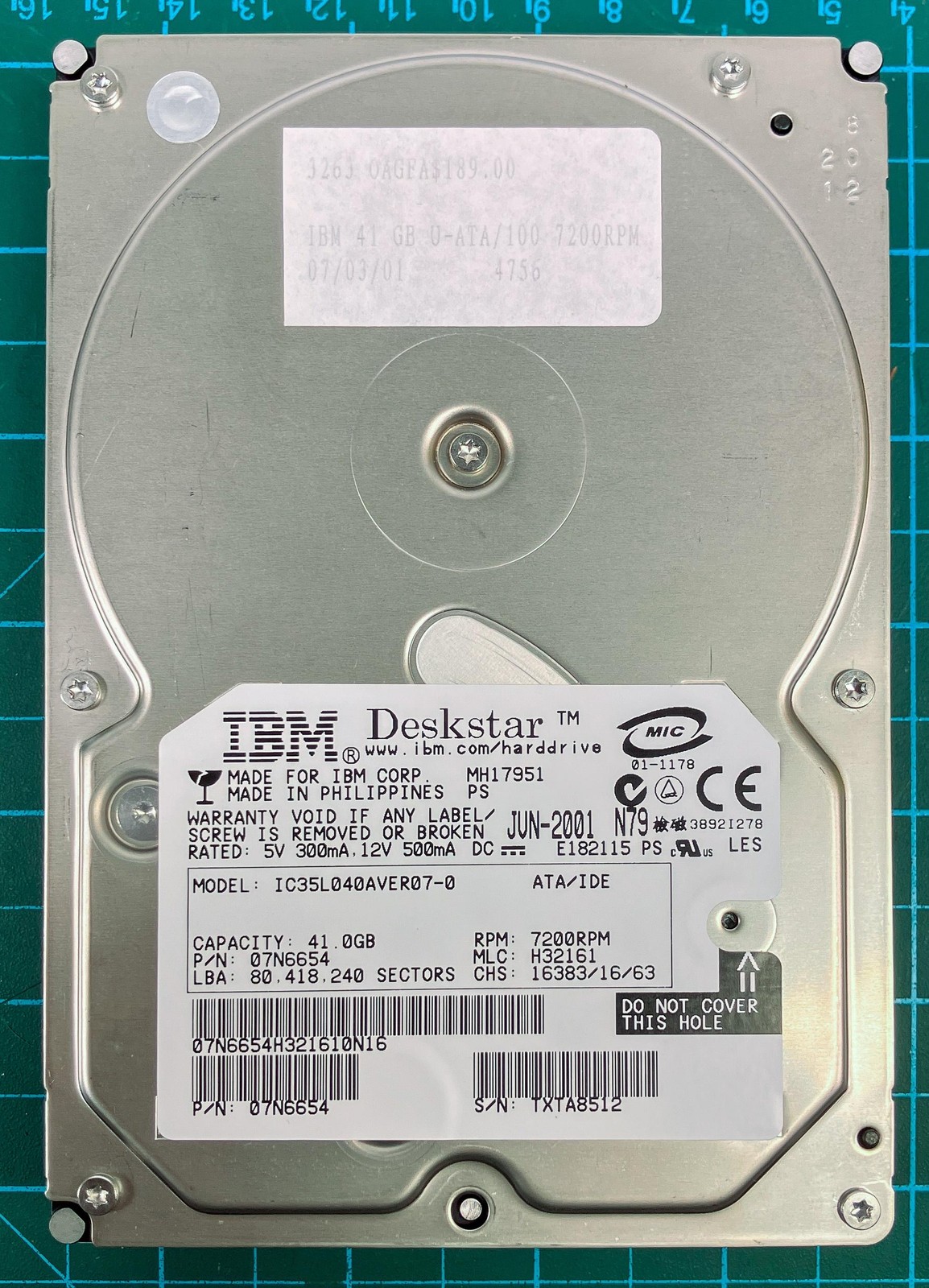 IBM Deskstar IC35L040AVER07-0 41GB 3.5in IDE PATA 7200RPM 07N6654 UNTESTED