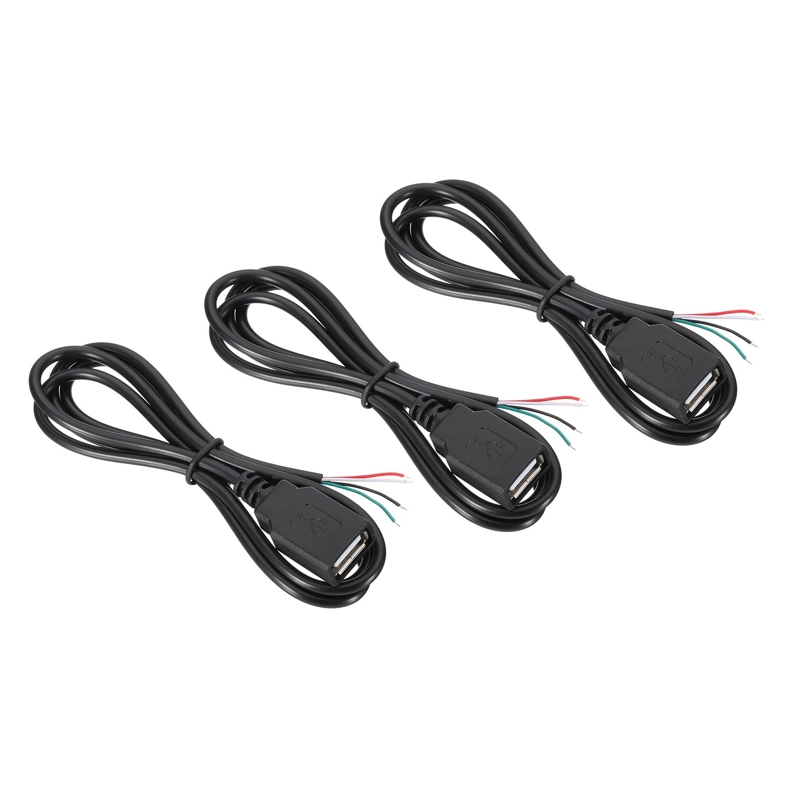 3.28Ft USB Female to 4pin Bare Pigtail Cable, 3pcs 28AWG Data Power Cords Black