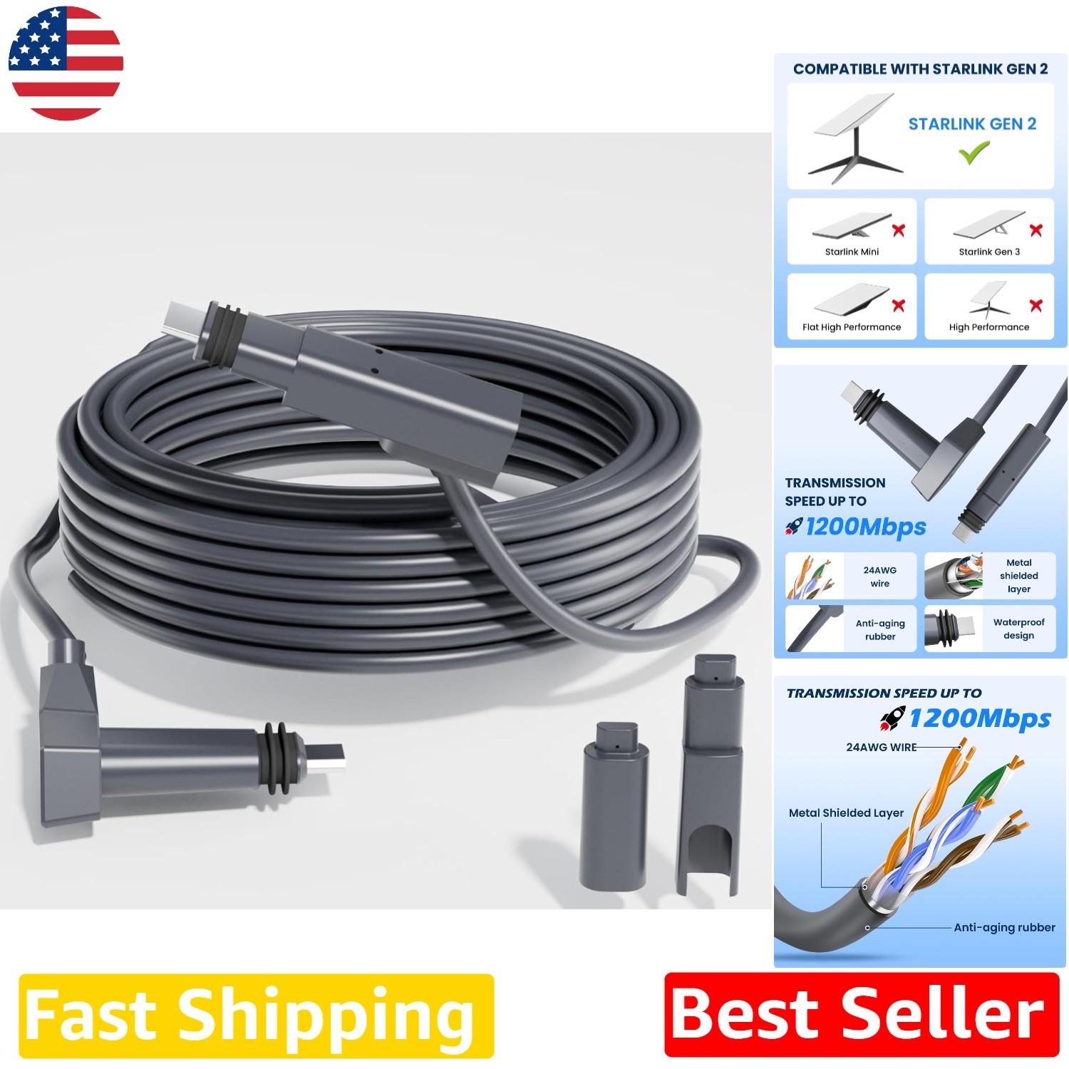 Upgrade Starlink Cable 75FT Gen 2 Weatherproof High Speed Network
