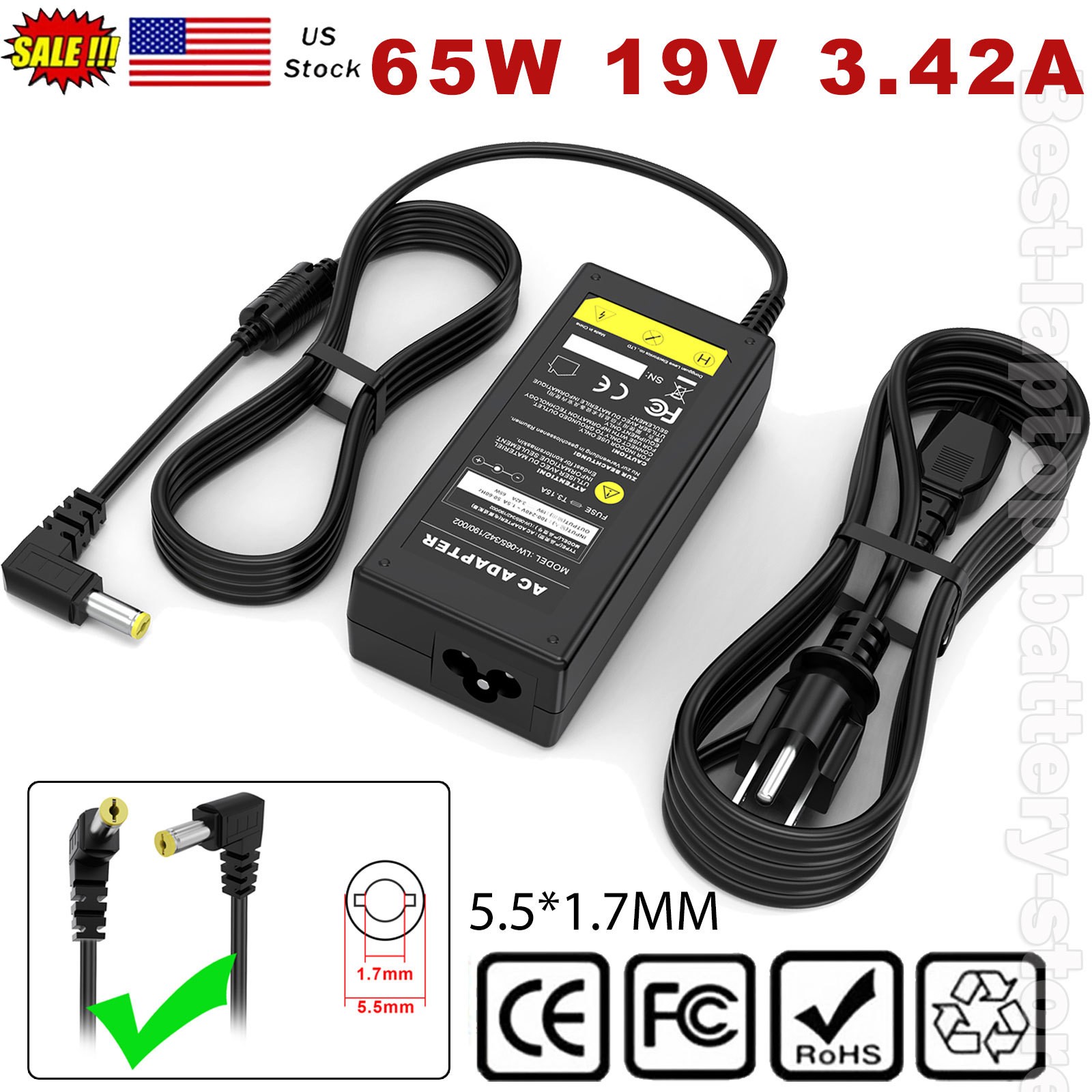19V 3.42A 65W AC Adapter Charger for Acer Gateway 5.5mm*1.7mm Power Supply Cord