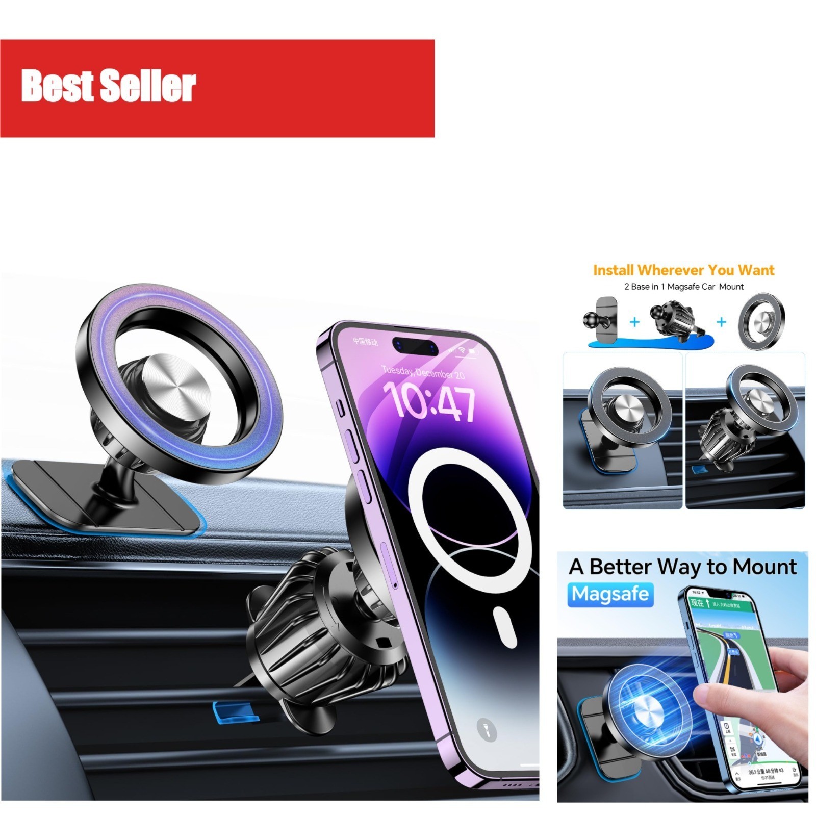 Kaistyle Magsafe Car Mount - Strong Magnetic Phone Holder for iPhone 17 16 15