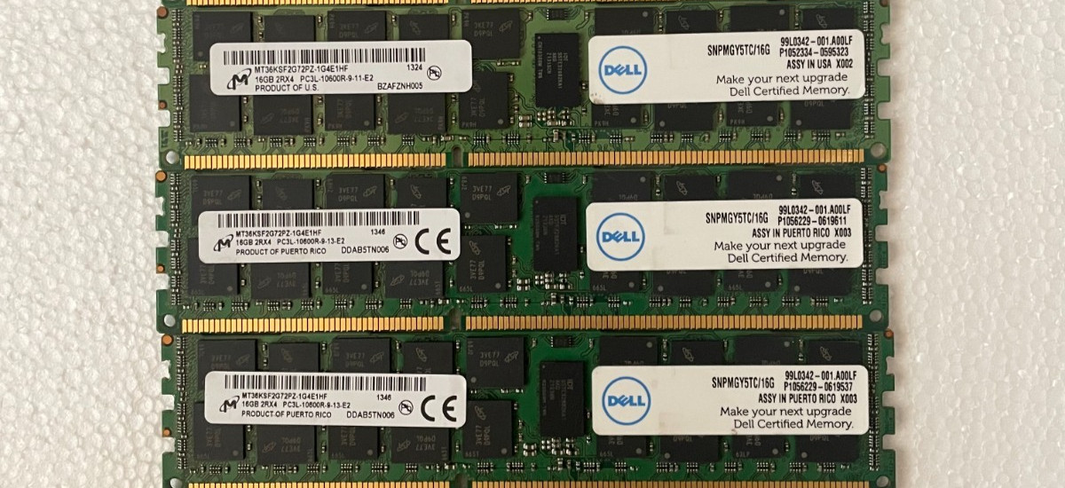 Lot of 3 Micron (3x16GB) 2Rx4 PC3-10600R DDR3 1333MHz ECC REG RDIMM DELL Memory