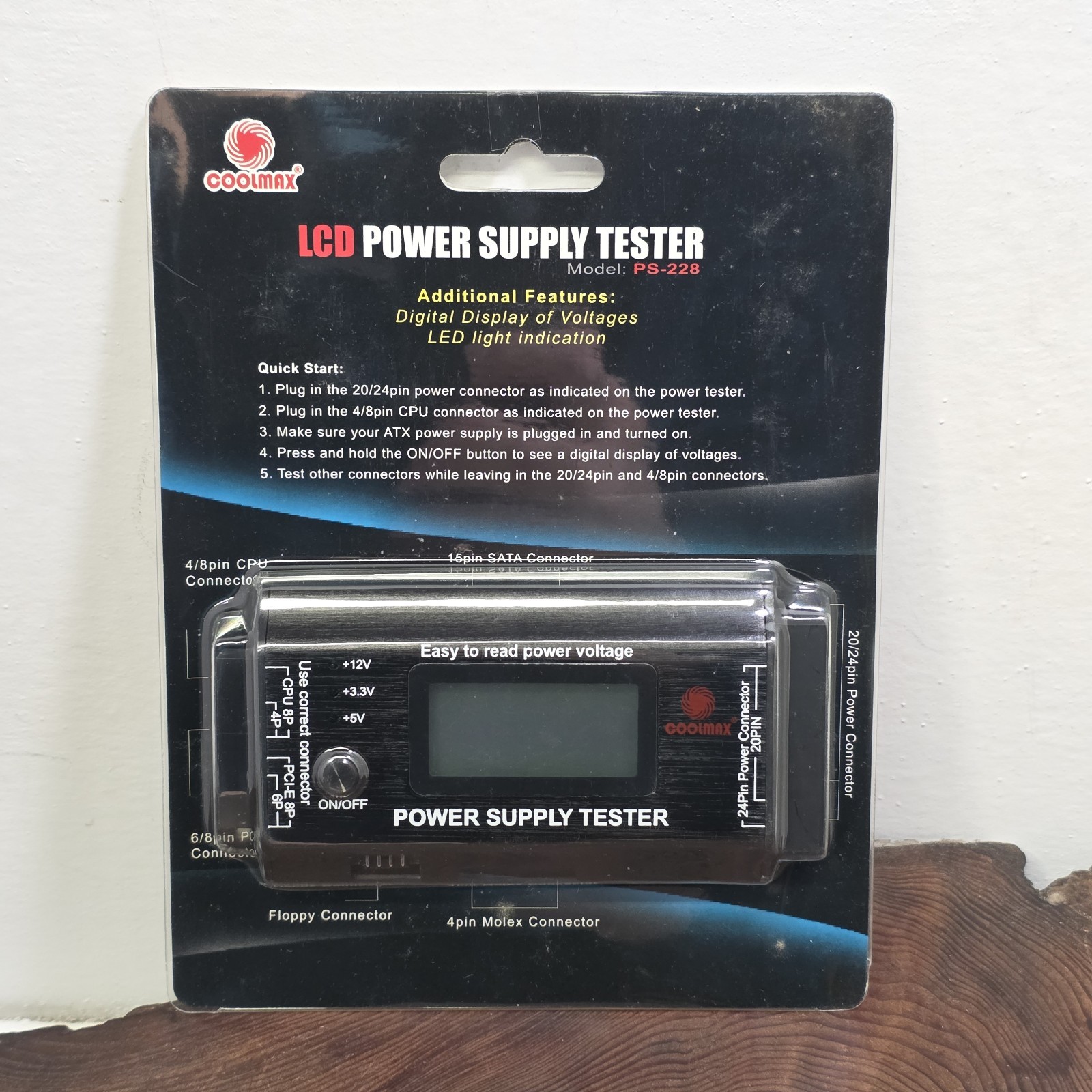 Coolmax PS-228 LCD ATX Power Supply Tester 20/24 Pin SATA PCIe Molex
