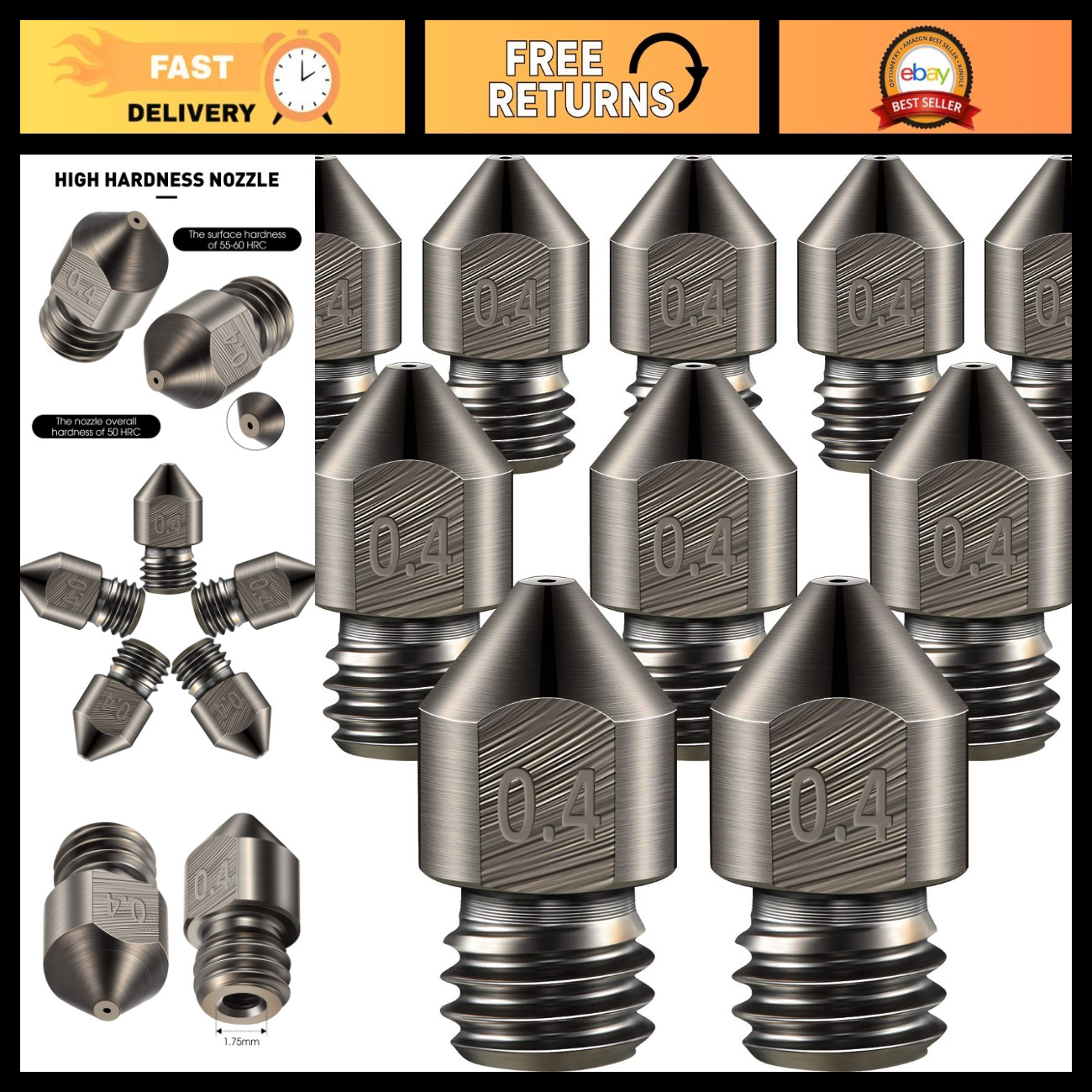 10 Pack 0.4mm Hardened Steel 3D Printer Nozzles - High Temp Wear Resistant, Comp