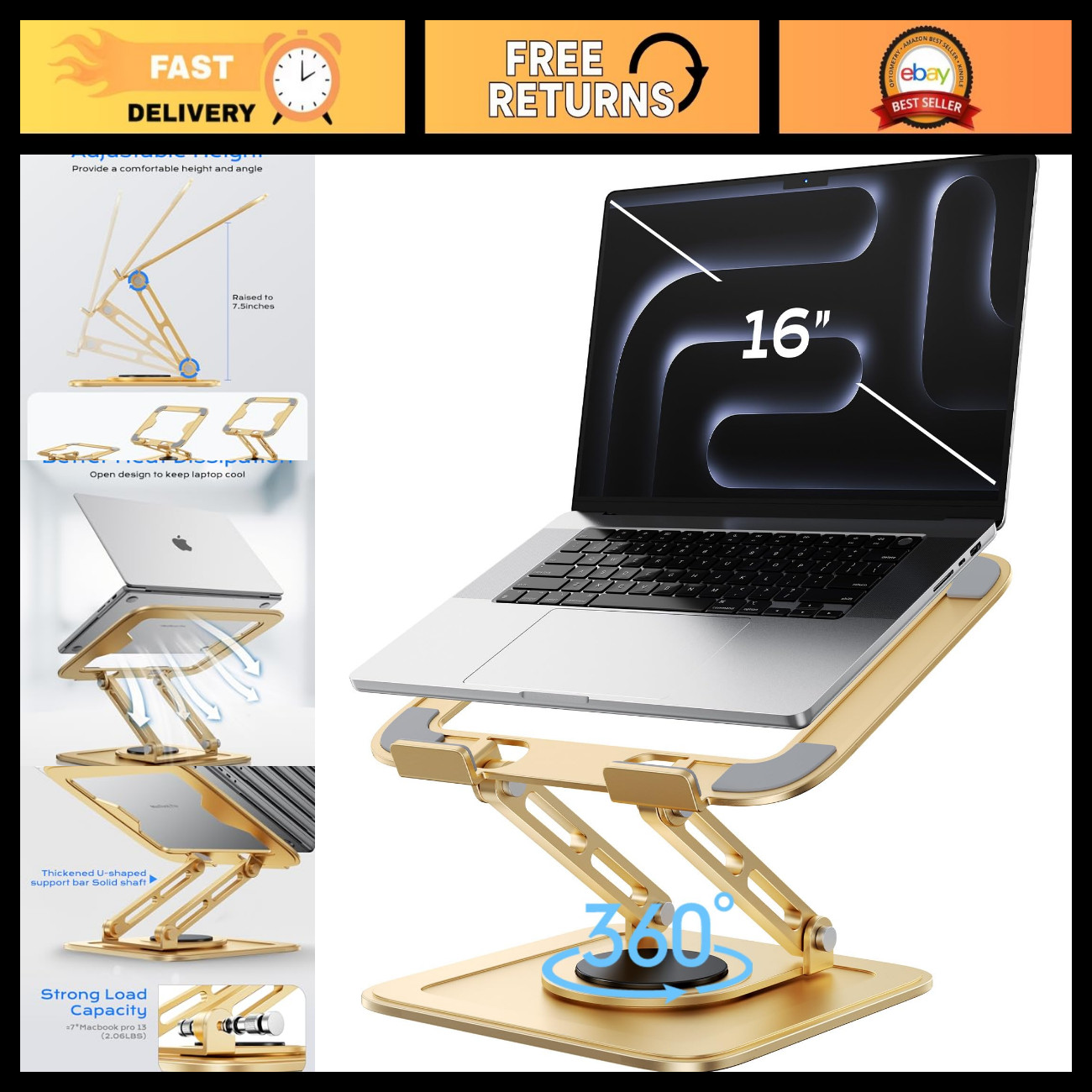 Adjustable Ergonomic Laptop Stand with 360° Rotating Base, Foldable & Portable f