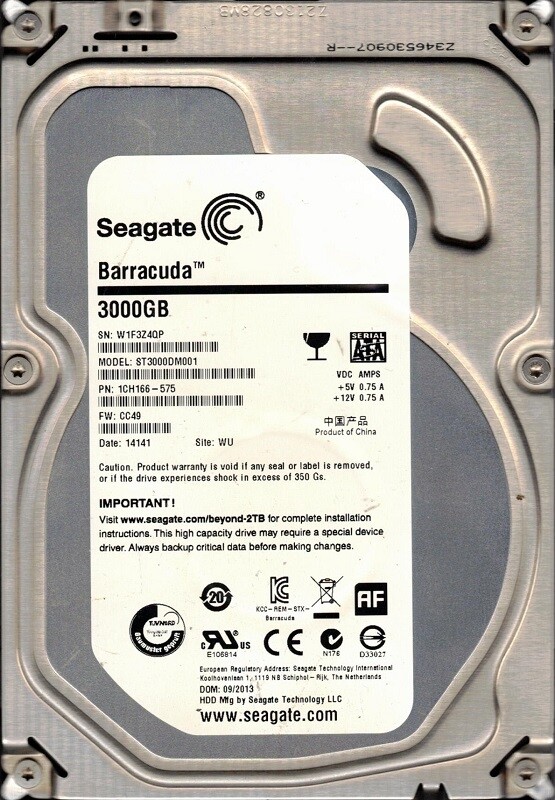 ST3000DM001 P/N: 1CH166-575 F/W: CC49 WU W1F Seagate 3TB