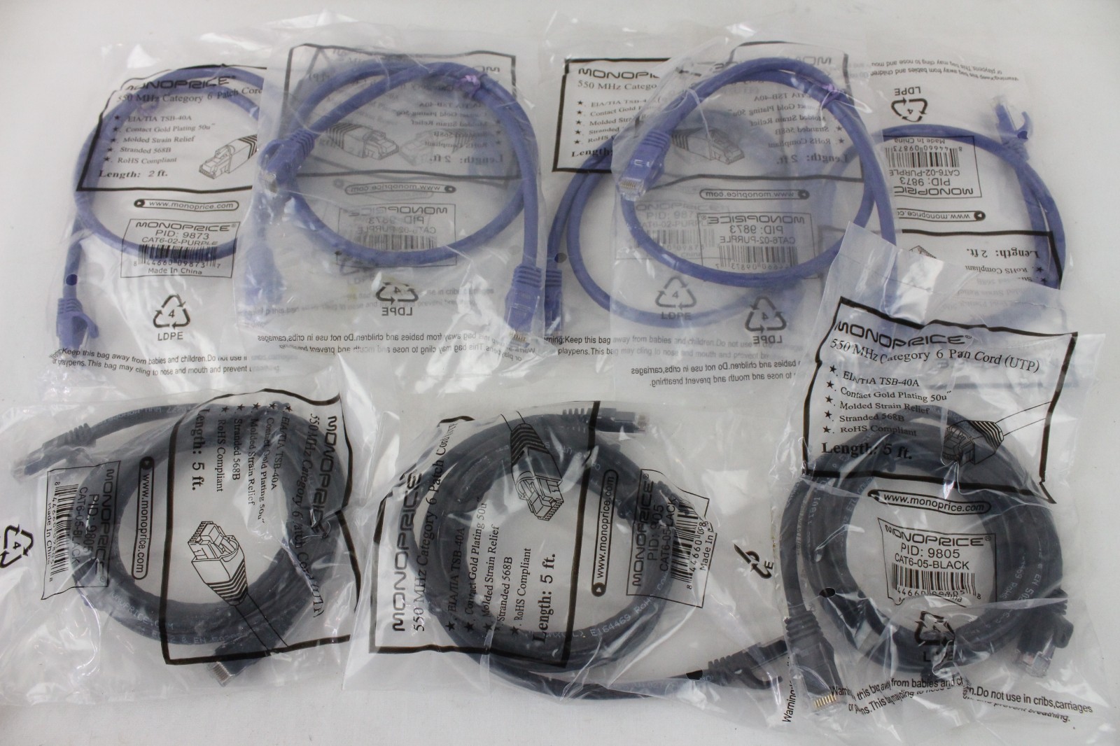8 Monoprice Gold Plating Patch Cord UTP 550 Mhz Category 6 Blue Black 5' & 2'