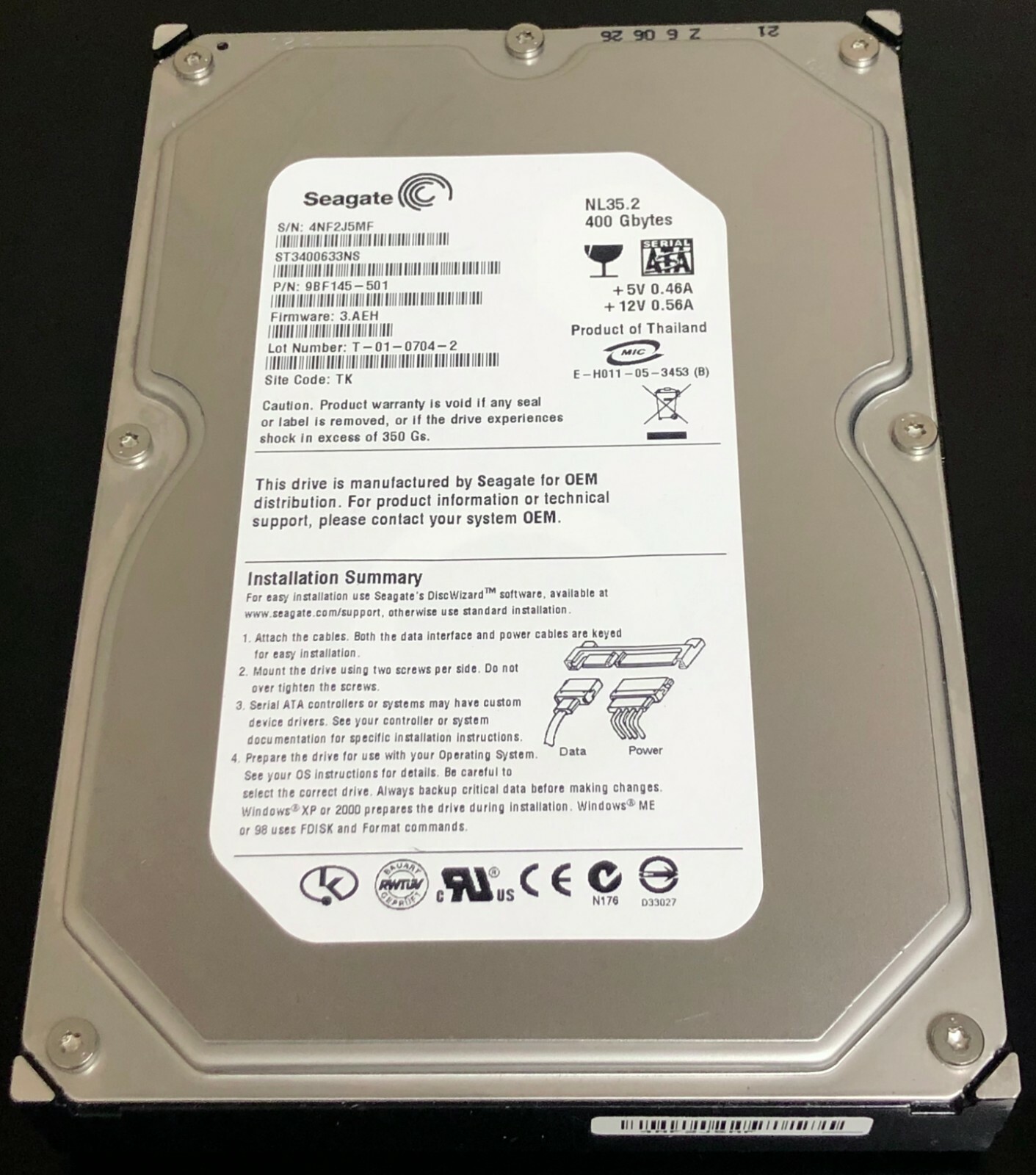 Seagate ST3400633NS 400GB 7.2K SATA 3.5" Hard Drive – Enterprise Server HDD