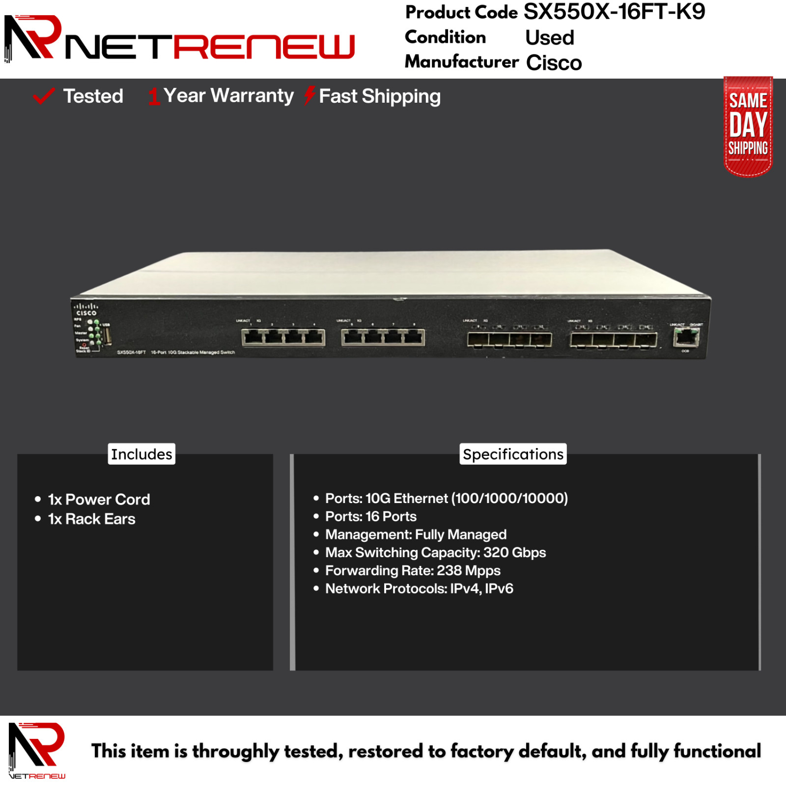 SX550X-16FT-K9  Cisco 16-Port 10G Gigabit Layer 3 Managed