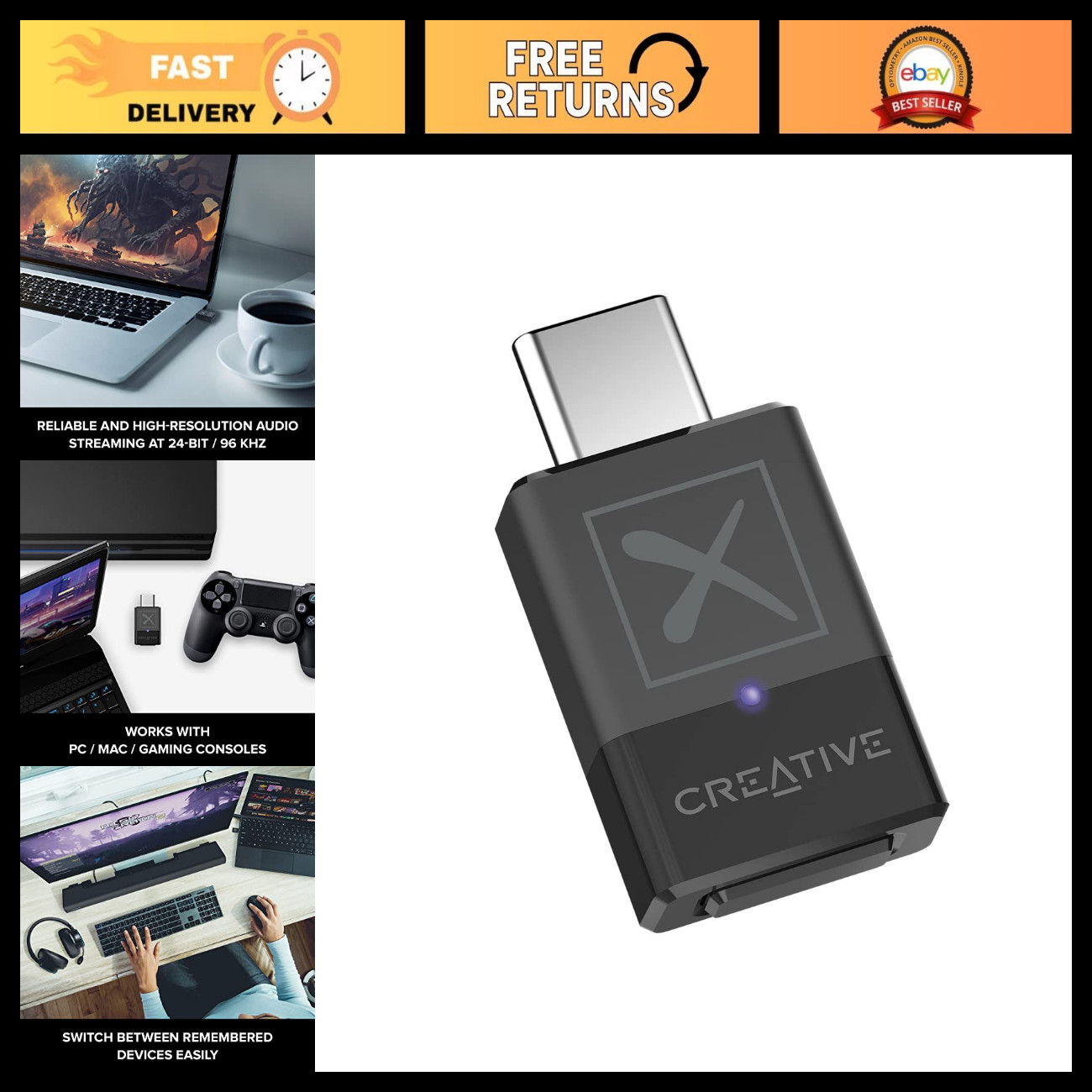 Smart Bluetooth 5.3 Audio Transmitter, aptX Adaptive, 24-bit/96kHz, PC/Mac/Gamin