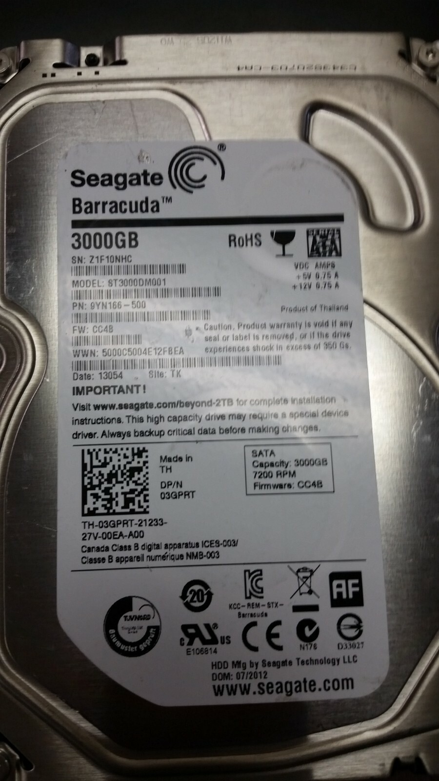Dell GPRT 3TB 7200RPM 3.5 SATA Hard Drive