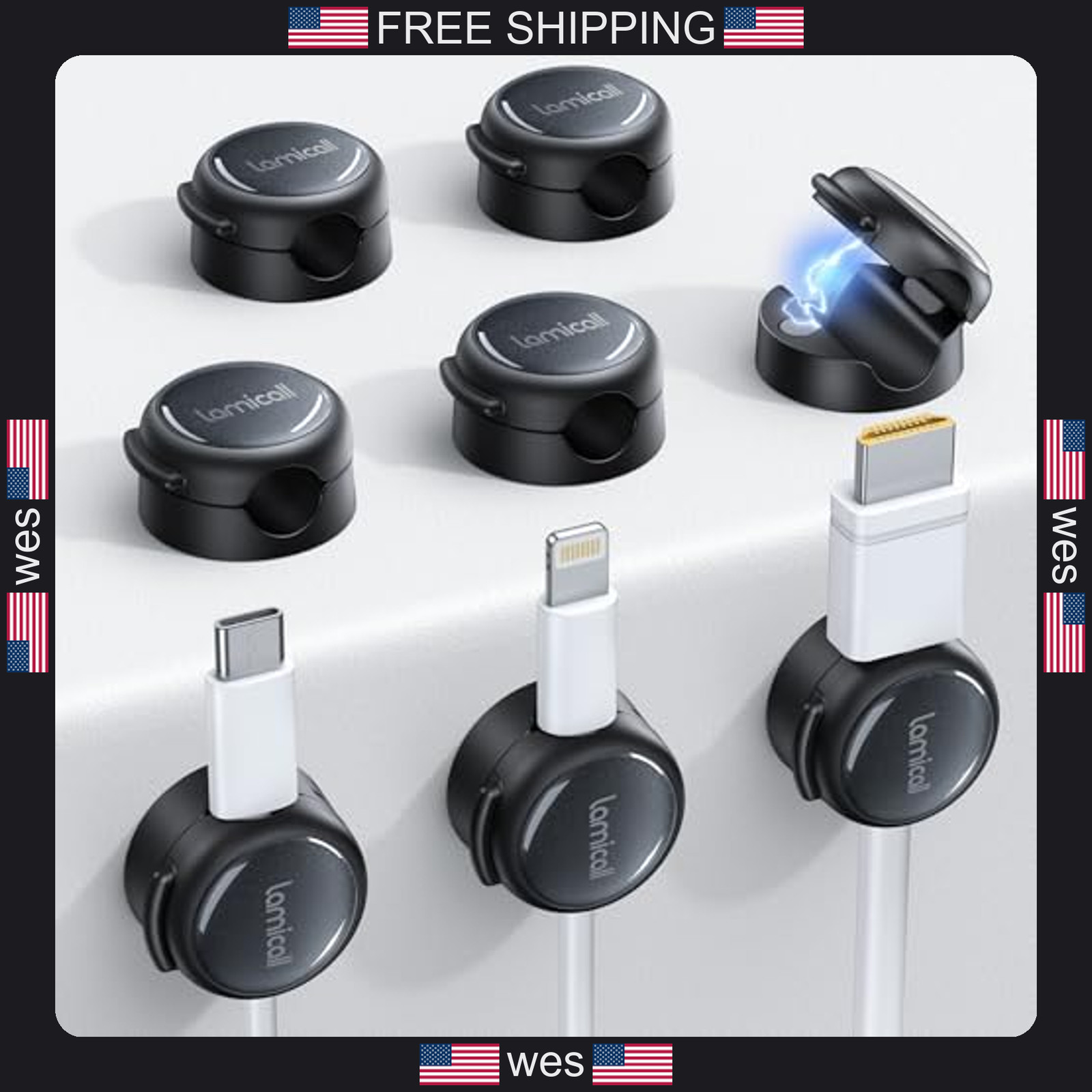 Lamicall 8 Pack Magnetic Cable Clips Crystal Clear Cord Organizer