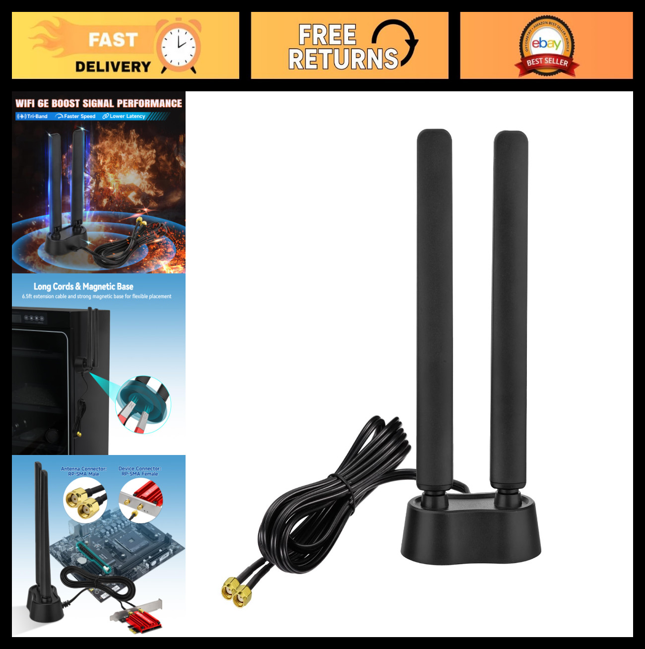 High-Gain 9dBi Tri-Band WiFi 6E Antenna - 6GHz, 5GHz, 2.4GHz, Magnetic Base for