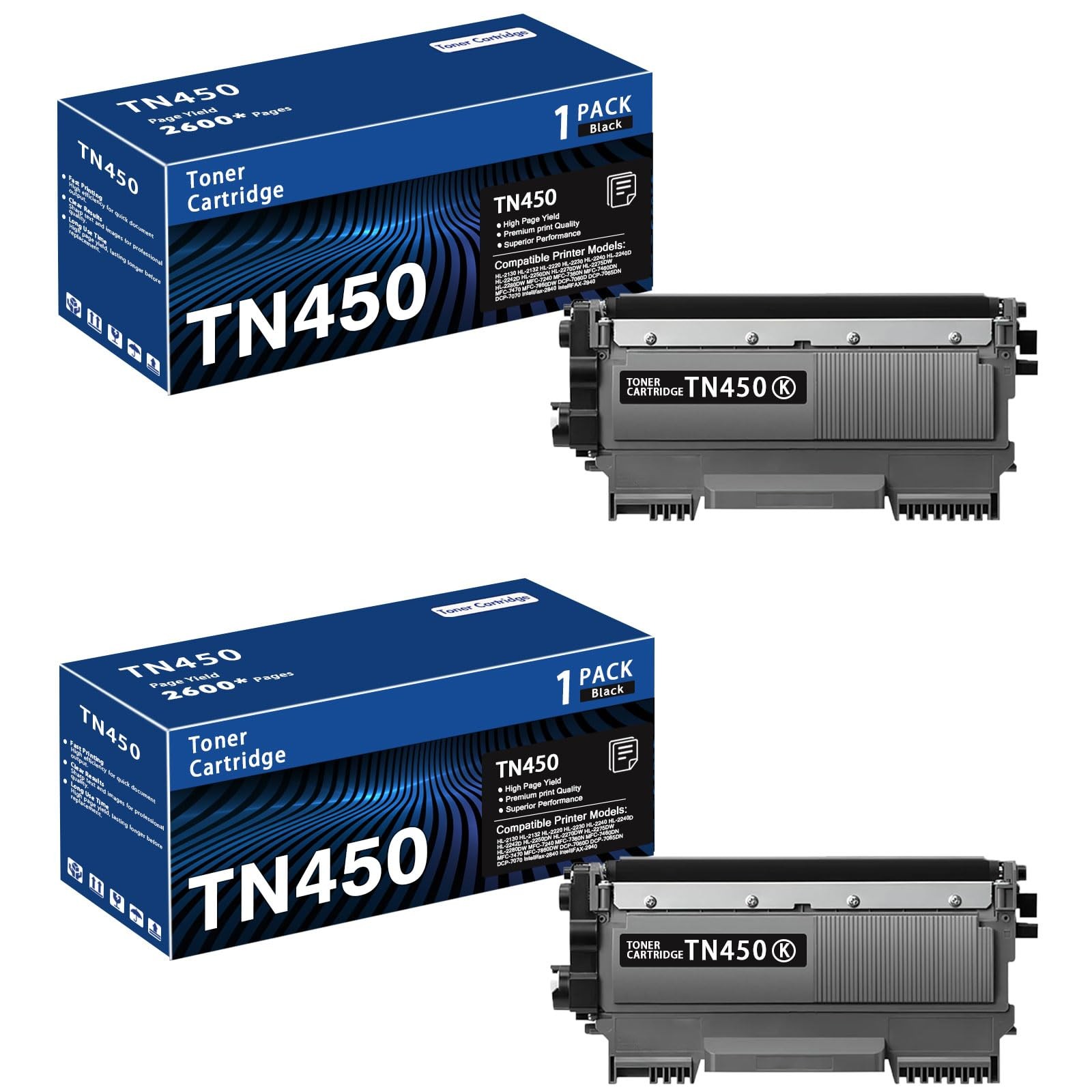 TN450 Black 2-Pack High Yield Toner Cartridge Brother TN-450 TN 450 for HL-22...
