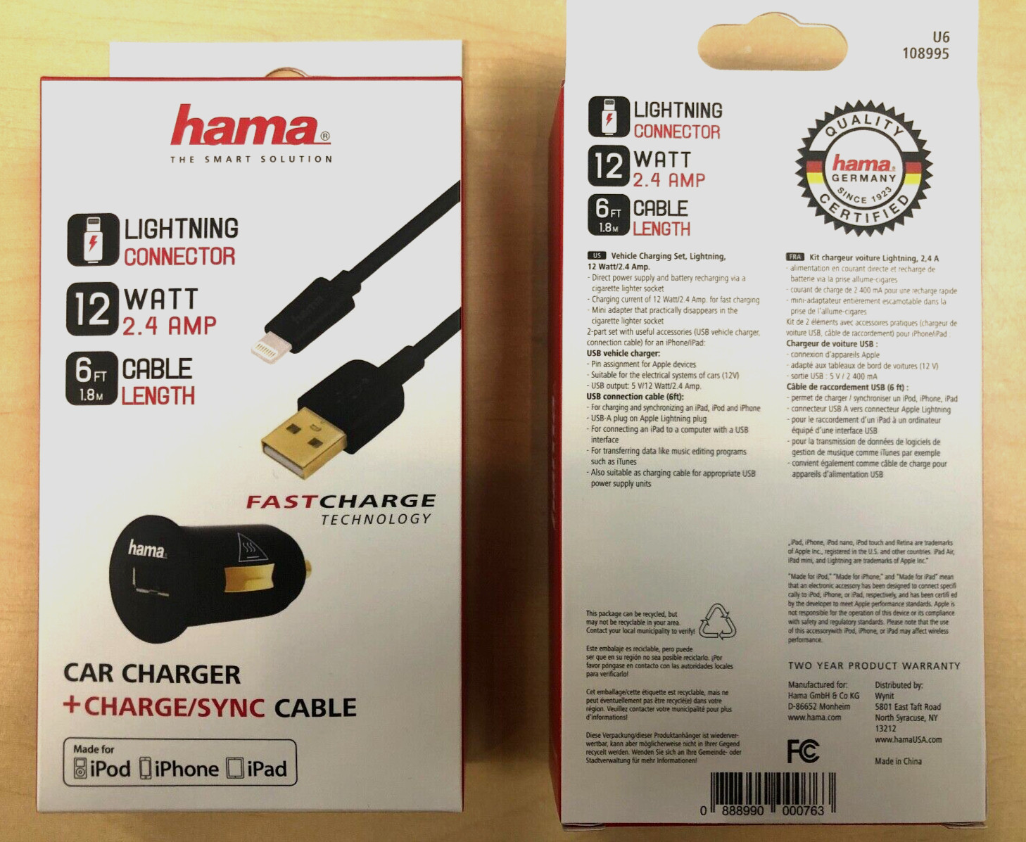 2X HAMA 2.4 Amp iPhone iPad Car Charger w/ 6FT Heavy Duty MFI Lightning Cable