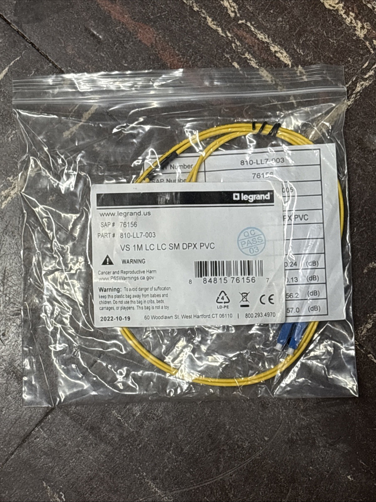 NEW Legrand Quiktron Fiber Optic Duplex Patch Network Cable 3-Feet 810-LL7-003