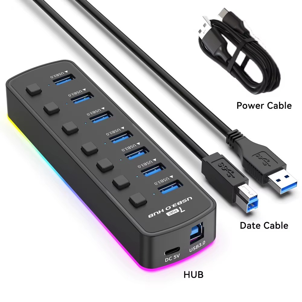 YUXI RGB USB 3.0 Hub 7 Port Data Splitter 5Gbps Individual Switches
