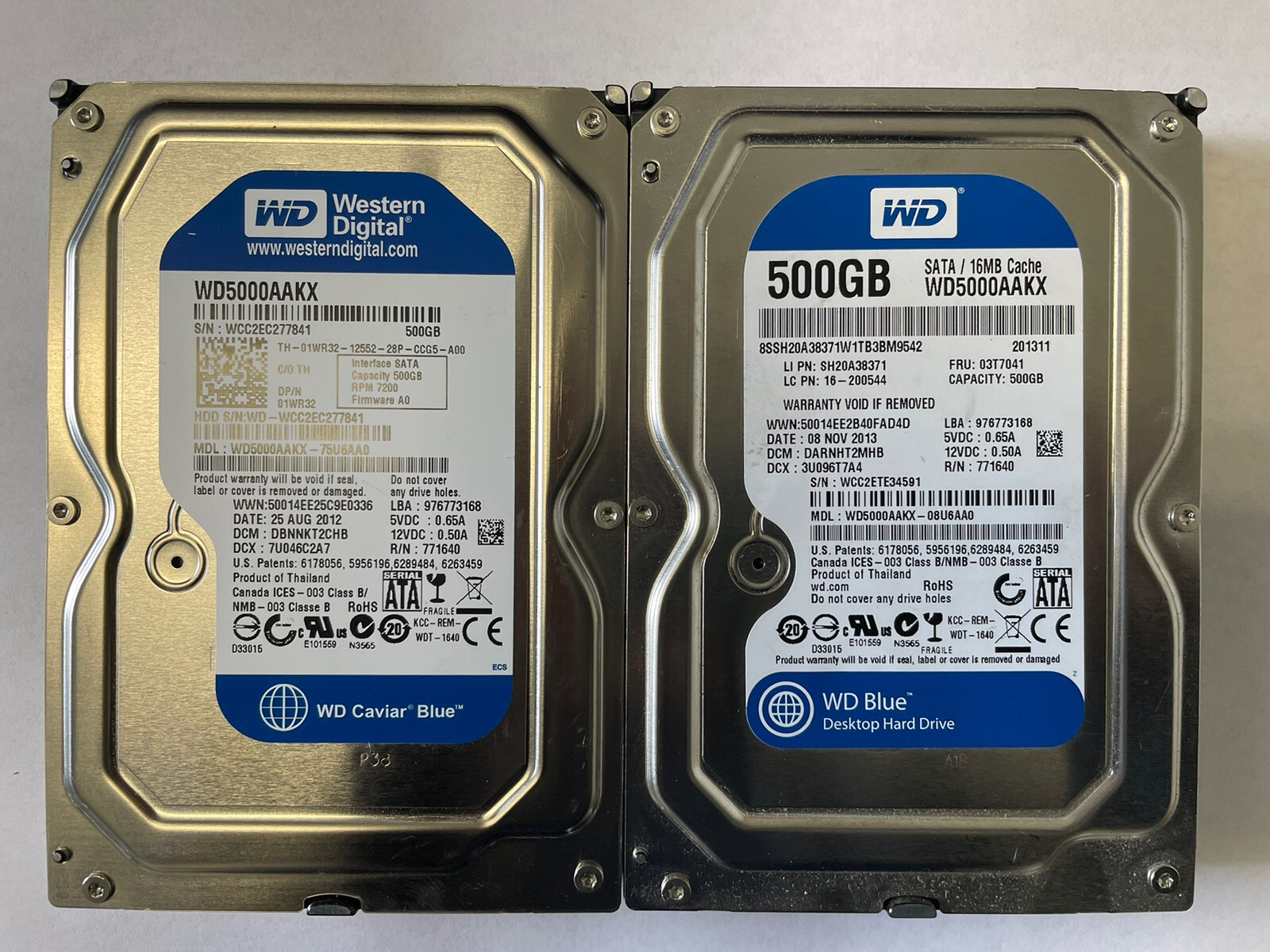 Lot of 2 Western Digital WD Blue WD5000AAKX 500GB SATA III 3.5" in Hard Drive