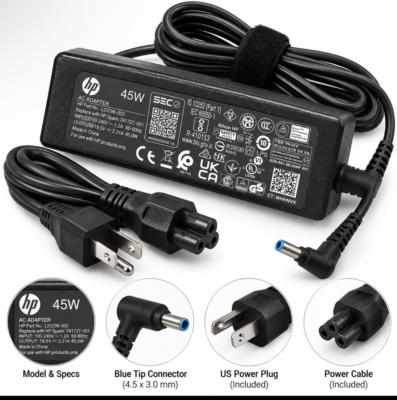 HP Original 45W Blue Tip Laptop Chargers 19.5V 2.31A w/ Cords Lot of 10