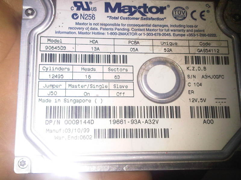 Maxtor 90644D3 13A 05A 52A GAS54112 K Z D B 19661-93A