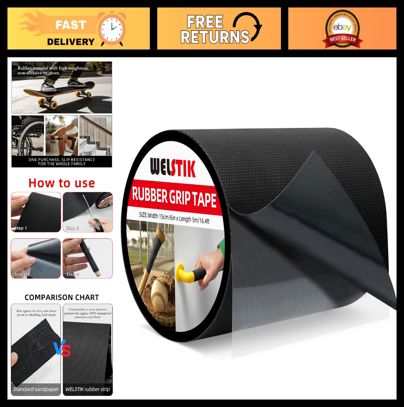 Ultra Strong Rubber Grip Tape - Anti-Slip, Sweat Absorbent, Textured Adhesive, 6