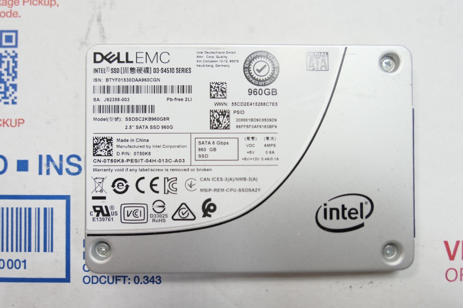 Dell EMC 0T50K8 Intel D3-S4510 960GB SATA 2.5" Enterprise SSD 100% HEALTH # 2