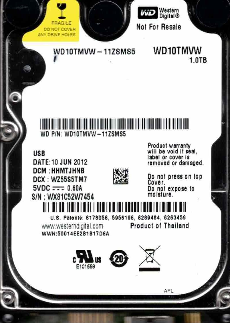 WD10TMVW-11ZSMS5, HHMTJHNB WESTERN DIGITAL USB 3 1TB, WX81, JUN 2012