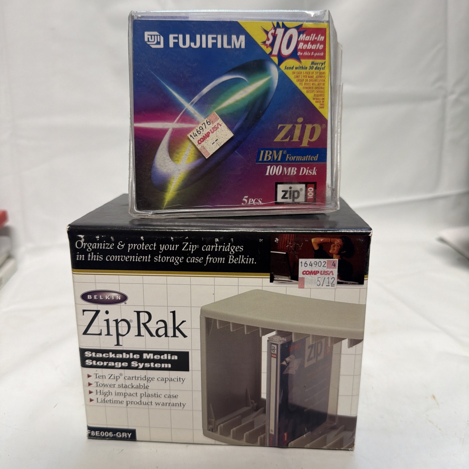 Disks Fuji Film Zip 100 MB 5 Pack Disks Sealed New & Belkin Zip Rack Storage
