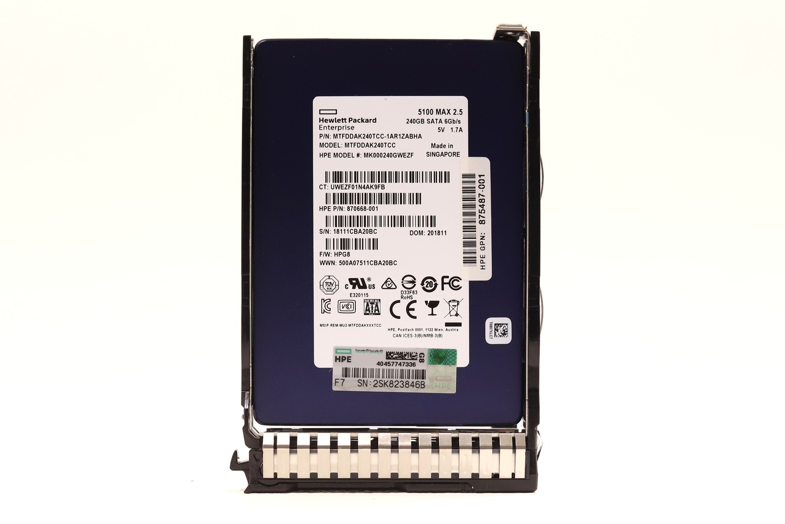 HPE MTFDDAK240TCC 240GB 2.5" 6Gb/s Mixed-Use TLC SATA SSD W/Caddy P/N:870668-001