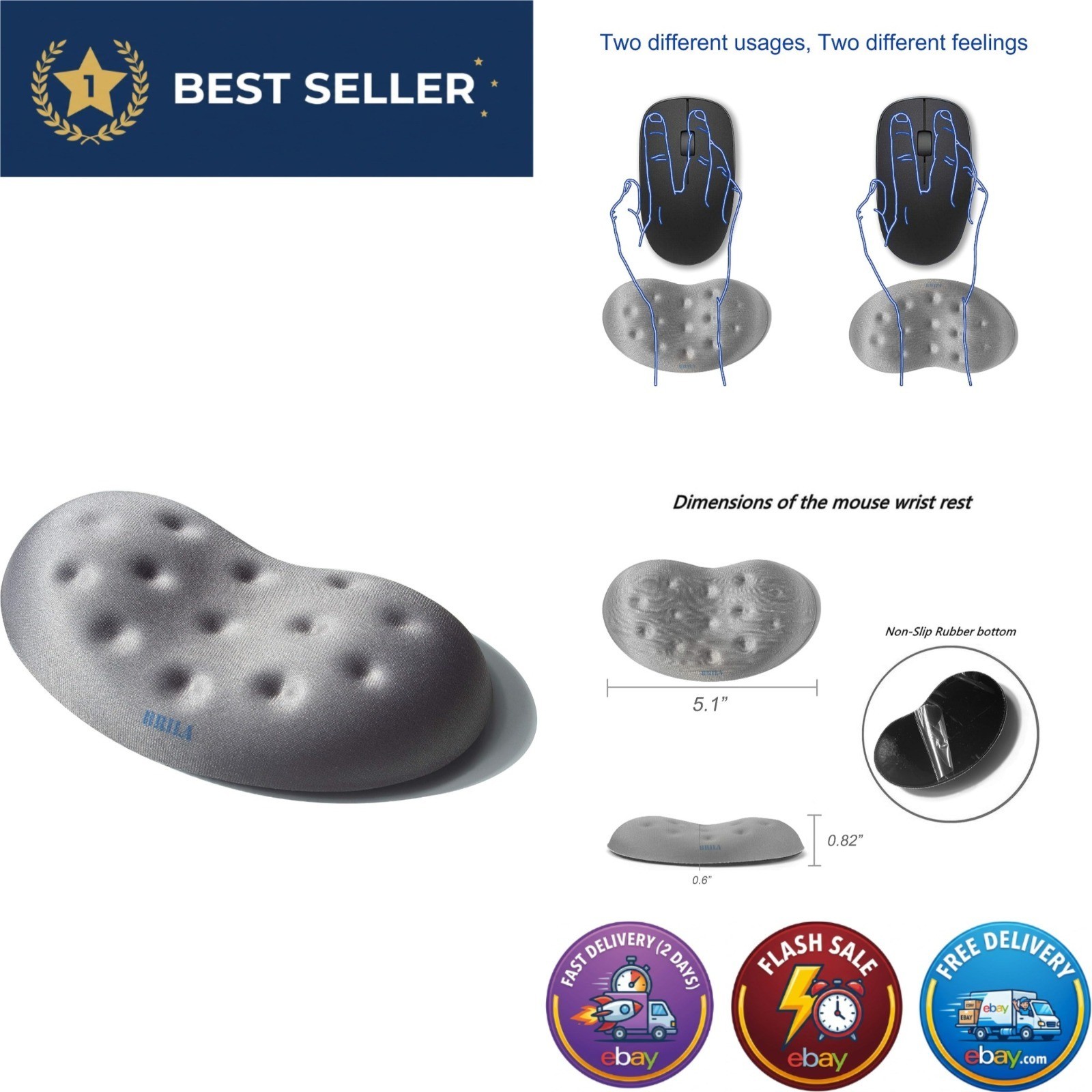 BRILA Ergonomic Memory Foam Mouse Wrist Rest Pad - Massage Holes, Non-Slip, Grey