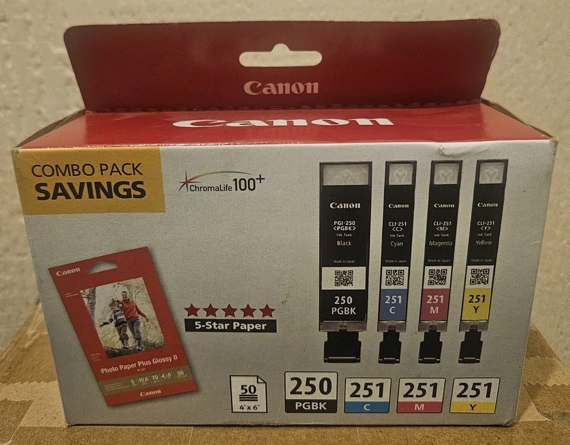 Genuine Canon PGI-250 CLI-251 Ink Cartridge Combo Pack PGBK C M Y + Photo Paper