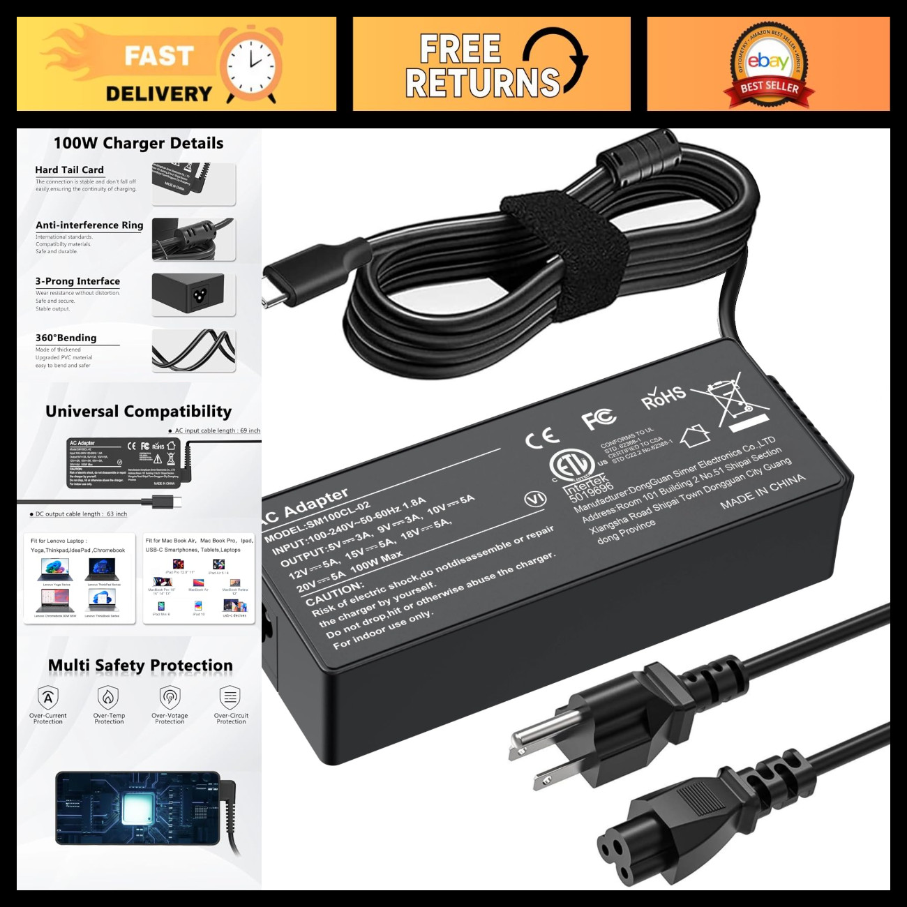 100W Universal USB-C Laptop Charger for MacBook Pro/Air, iPad Pro, Lenovo, HP, D
