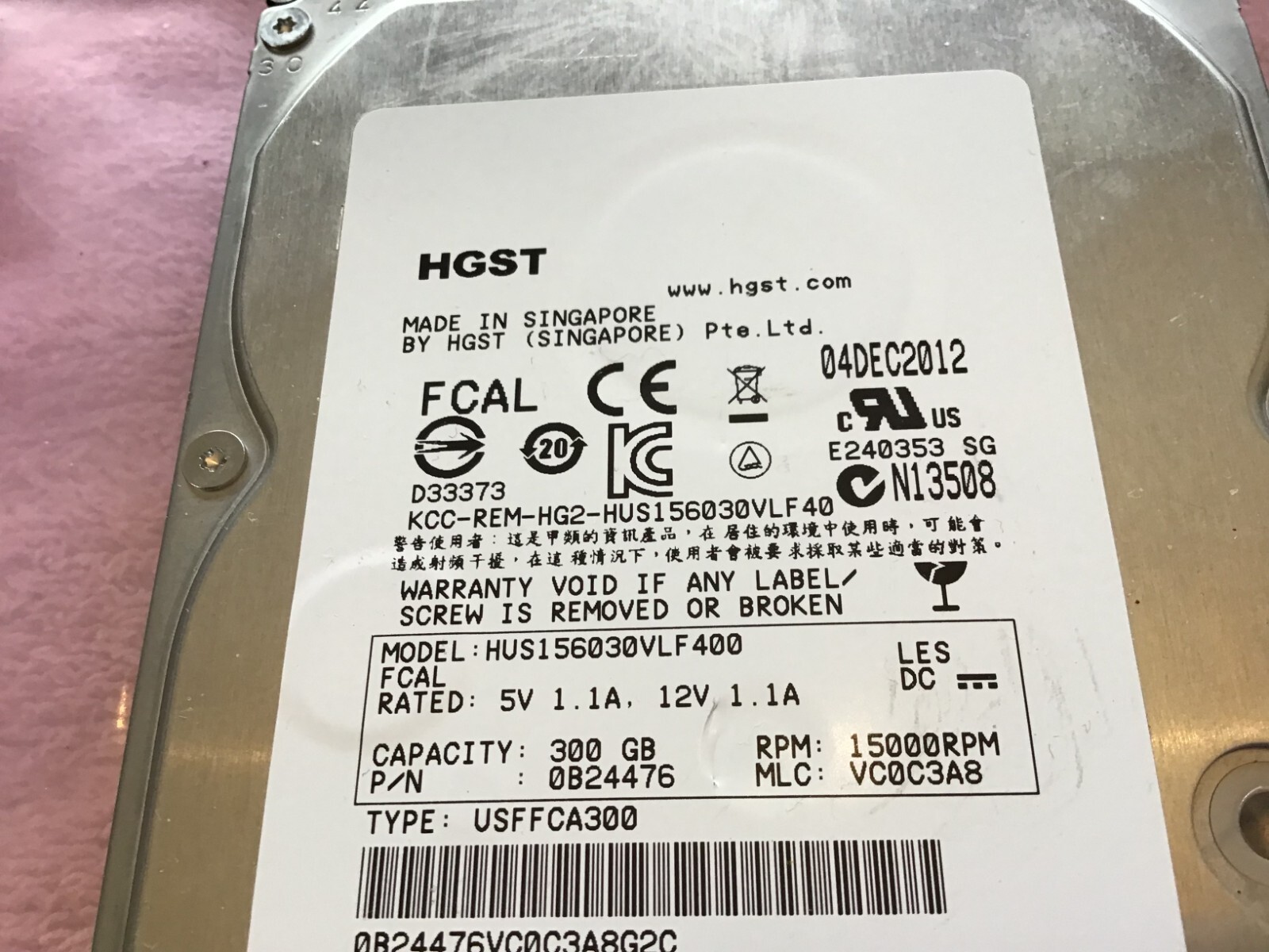 HUS156030VLF400/0B24476 HGST 300 GB,Internal,15000 RPM,3.5" HARD DRIVE