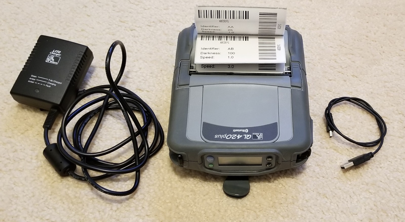 Zebra QL420 Plus Barcode Printer Bluetooth, Battery Charger USB Cable Belt Clip