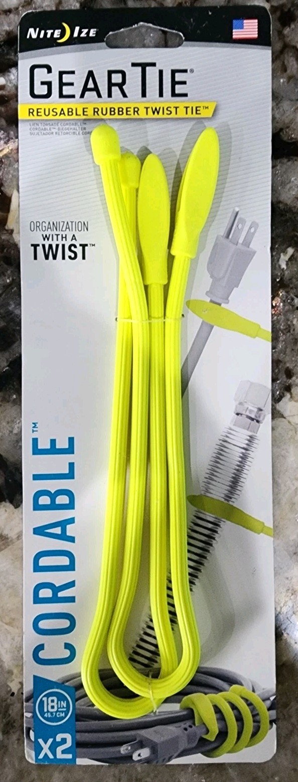 Nite Ize Gear Tie 18in Cordable Rubber Twist Tie 2-Pack Neon Yellow