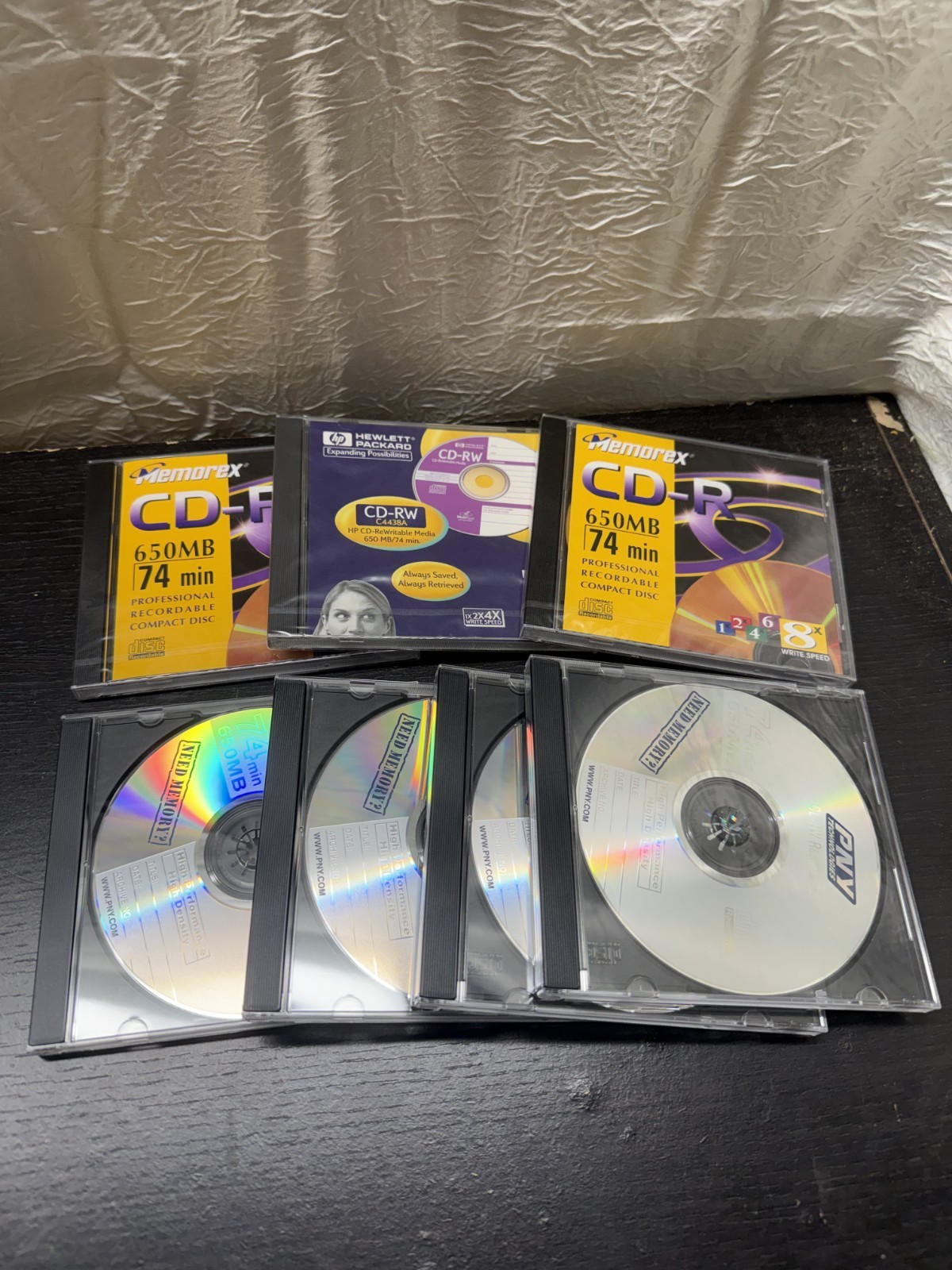Lot of 7 Blank CD-R CD-RW Discs in Jewel Cases Memorex HP PNY 650MB 74 Min Media