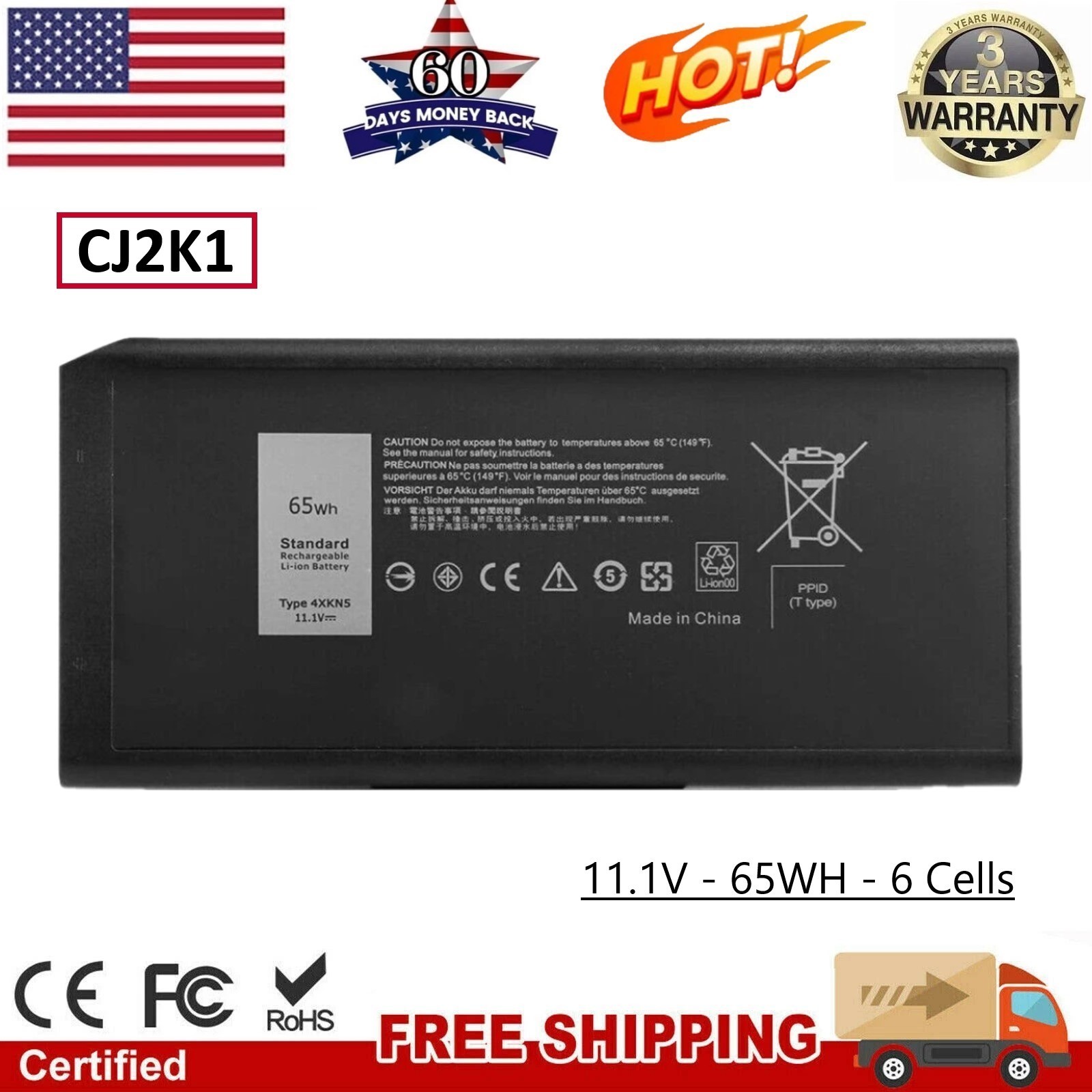 CJ2K1 Battery for Dell Latitude 5404 7404 5414 7414 Rugged Extreme 4XKN5 65Wh US