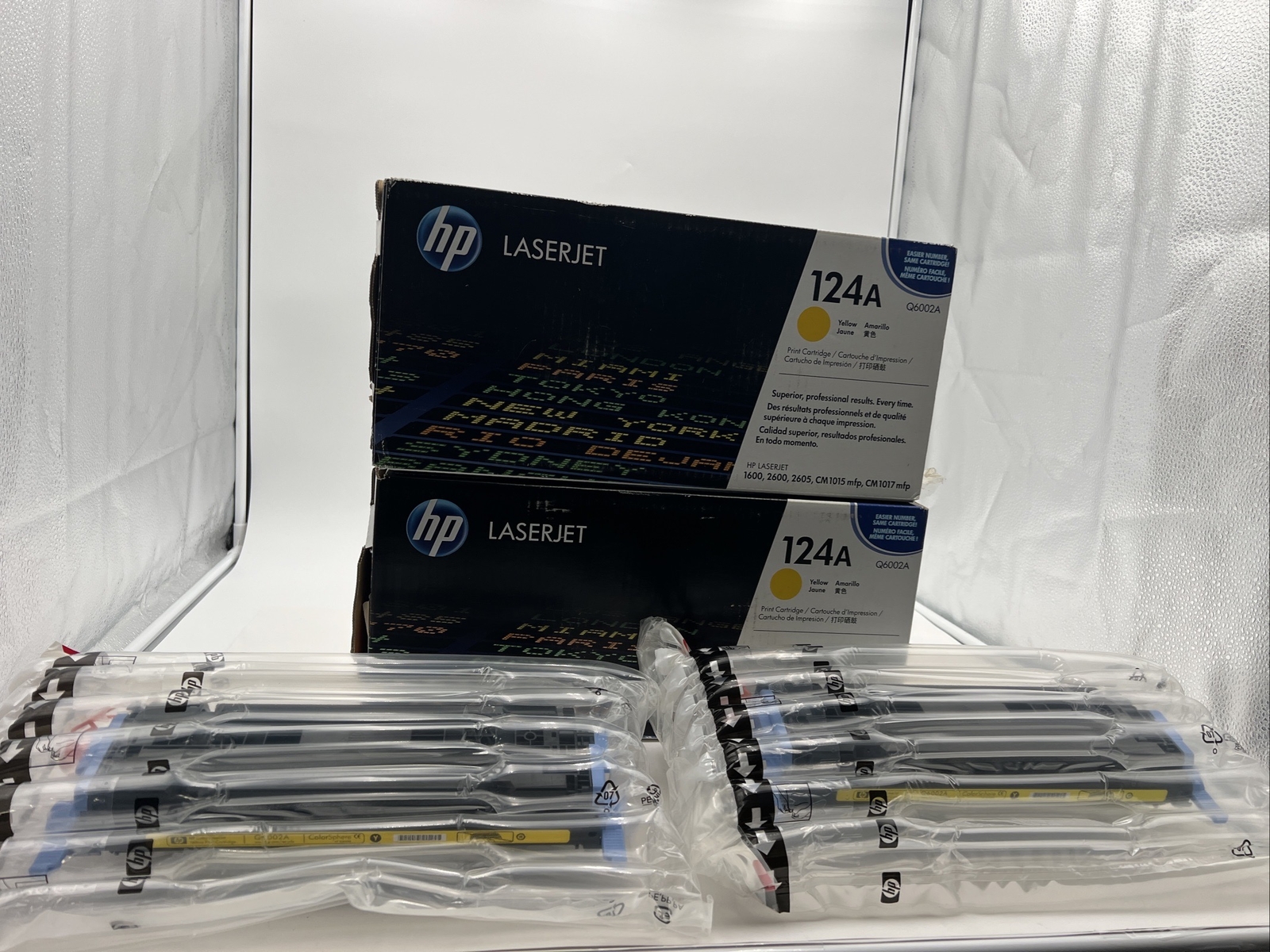 Lot Of 2 HP124A (Q6002A) Yellow LaserJet Toner Cartridges/Sealed Bag Open Boxes