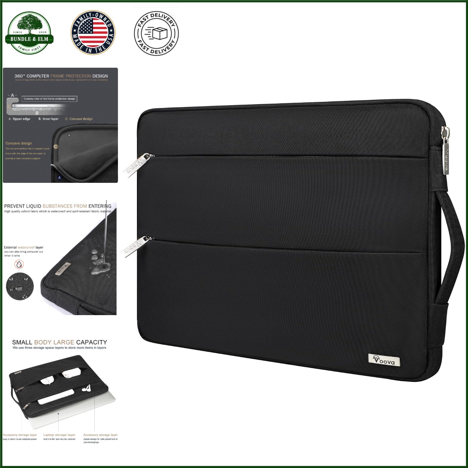 Sleek Black Laptop Case, Waterproof Sleeve for 14-15 Inch Laptops with Pockets