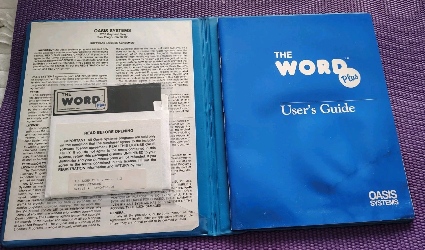 Vintage 1981 THE WORD PLUS Ver 1.2 Oasis Systems 8” Floppy Disk  And  Manual